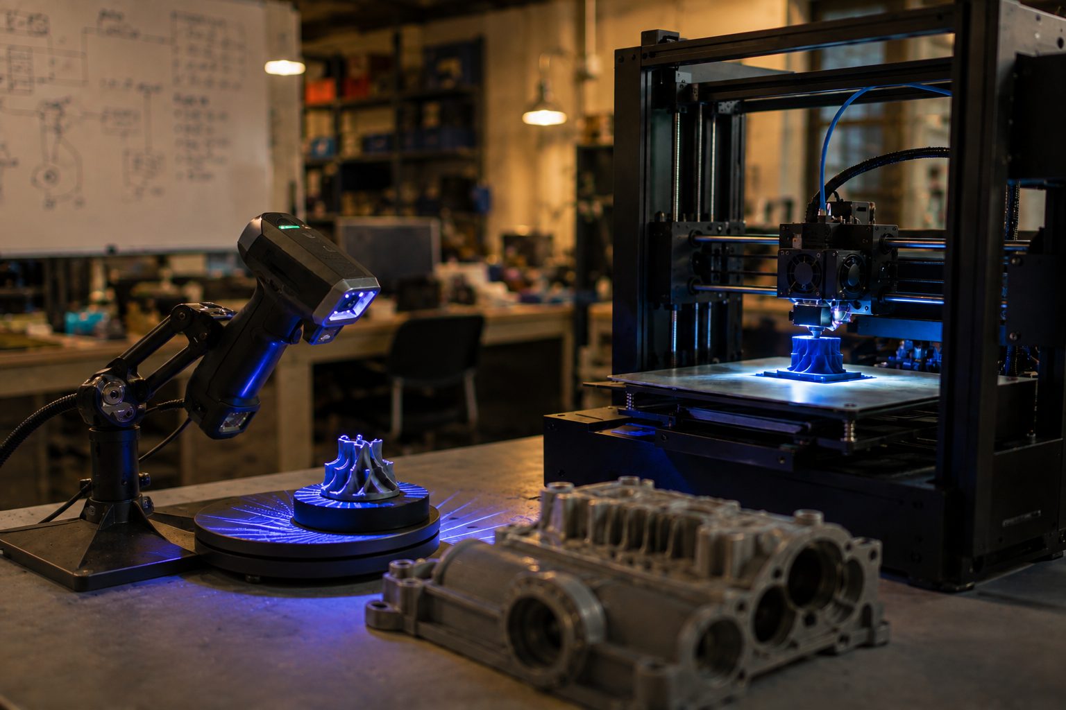 3D printer and handheld 3D scanner running in a workshop
