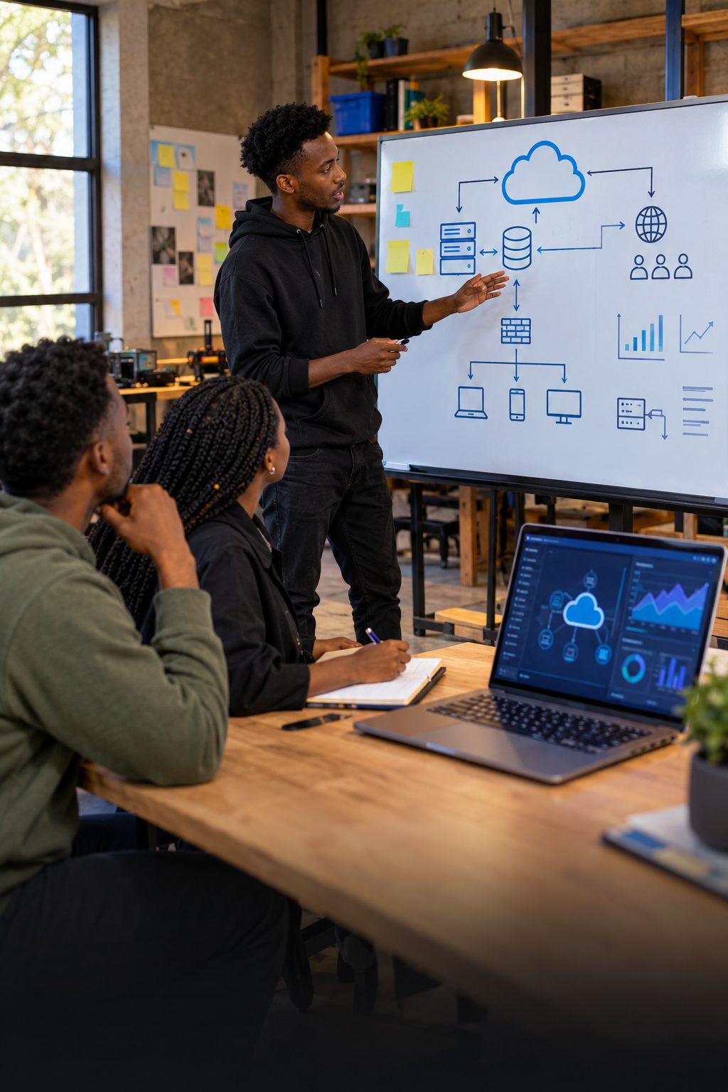 Consultant presenting a cloud infrastructure diagram to colleagues
