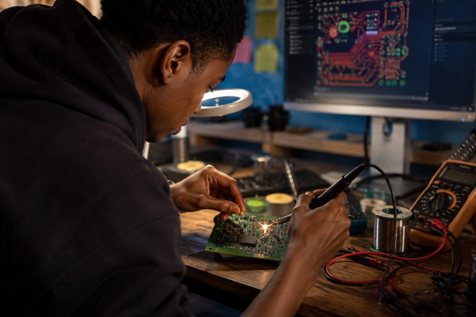 Engineer soldering a custom circuit board while a PCB layout shows on screen